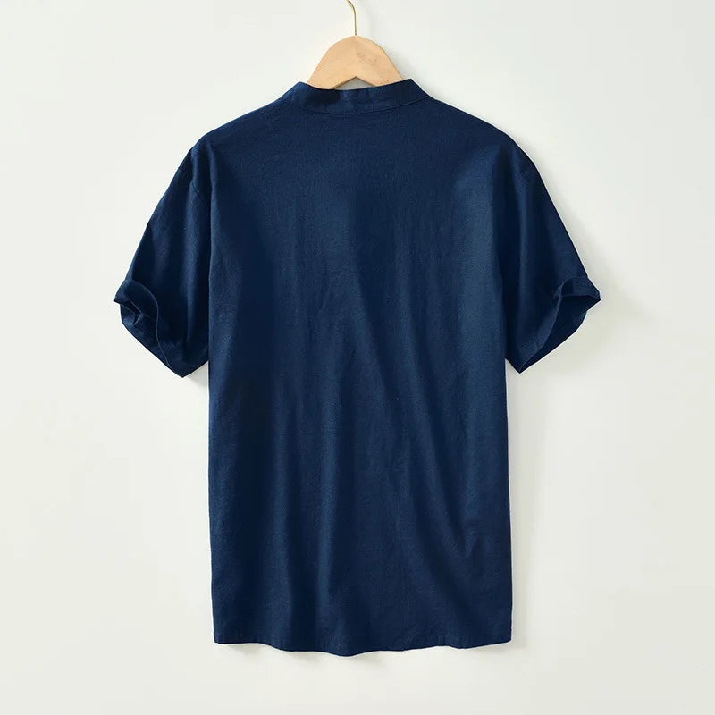 Summer Linen Soft and Breathable Thin Men's Casual Short Sleeve T-shirt Blouse Streetwear Station Collar Shirts