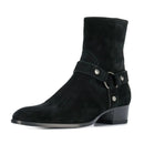 Black suede boot with strap details on a white background, Obroi