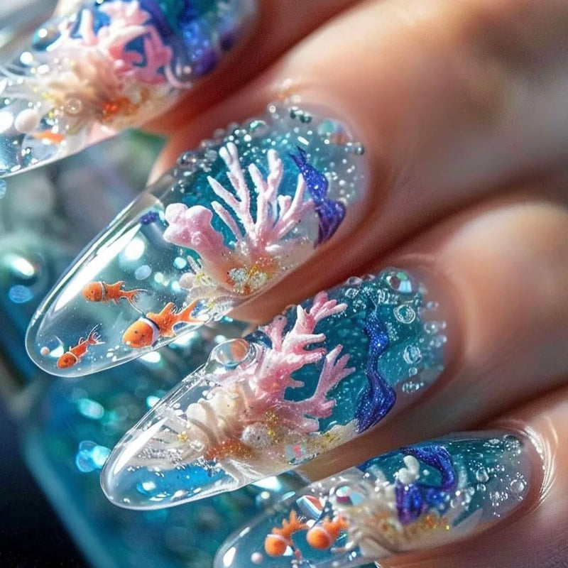 Summer Fresh False Nails Tips Long Almond Cute Press On Nails Ocean Series Wearable Fake Nail