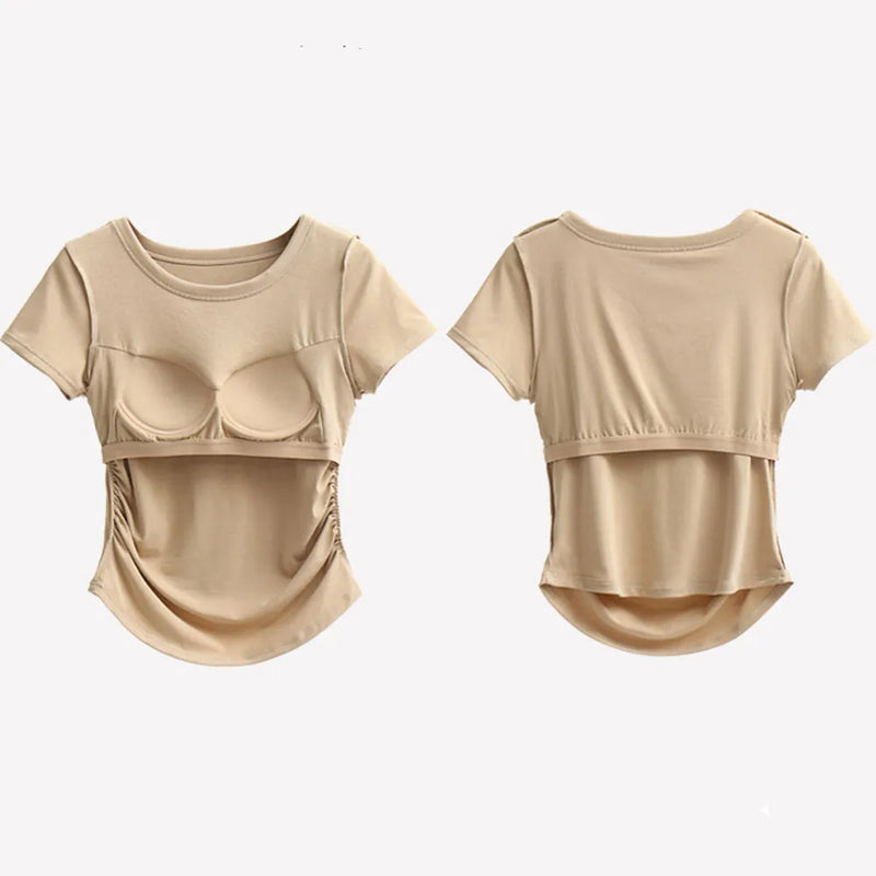 Women's Bra T-Shirts Tops Tees Round Neck Short Sleeve Sexy Casual