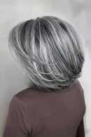 Short layered bob wig with silver and gray highlights, shown from the back on a model wearing a brown top against a light gray background, Obroi
