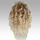 A curly wig with a golden blonde to light brown ombre transition, displayed on a white mannequin head against a plain white background, Obroi