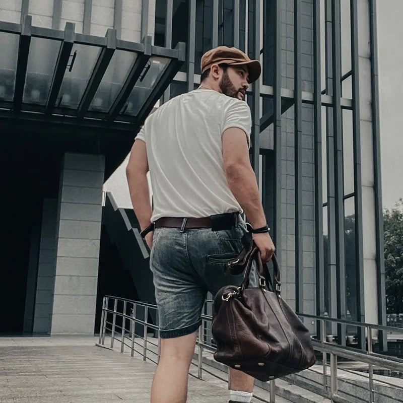 Men Casual Denim Shorts Men Summer Outerwear Slim Fit Washed Retro Quarter Pants