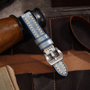 Handmade Italian Waxed Horse Stiff Leather Strap 20 22 24MM Vintage Blue Genuine Leather Strap Thickened to Fit