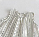 A sleeveless top with vertical stripes in olive green and black on a cream background, featuring a gathered round neckline, Obroi