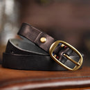 Retro Narrow Genuine Leather Women Belt Pure Copper Button Western Jeans Belt Women Belt
