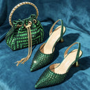 Elegant Women's Pointed Toe Heels - Full Diamond Pumps with Matching Italian Shoes & Bags Set