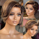 Short Pixie Cut Bob Wig Honey Blonde Ombre Highlight 13x4 Lace Frontal Straight Human Hair Pre-Plucked Hairline