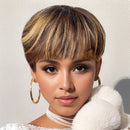 Woman with a stylish haircut and jewelry against a plain background, Obroi
