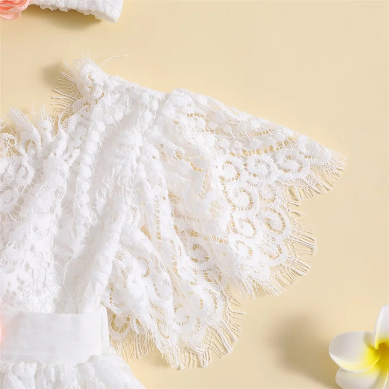 Summer Infant Baby Girl Outfits Short Sleeve Flower Front Lace Bodysuit Dress Clothes
