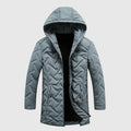 Gray quilted jacket with a hood on a light gray background, Obroi