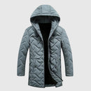 Gray quilted jacket with a hood on a light gray background, Obroi