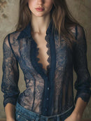 Women See-Through Lace Long Sleeve Button-Down Shirt Tops Casual Elegant Lace Edge Shirts
