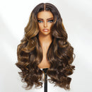 Brown wavy wig on a mannequin head with 'obroi' branding.