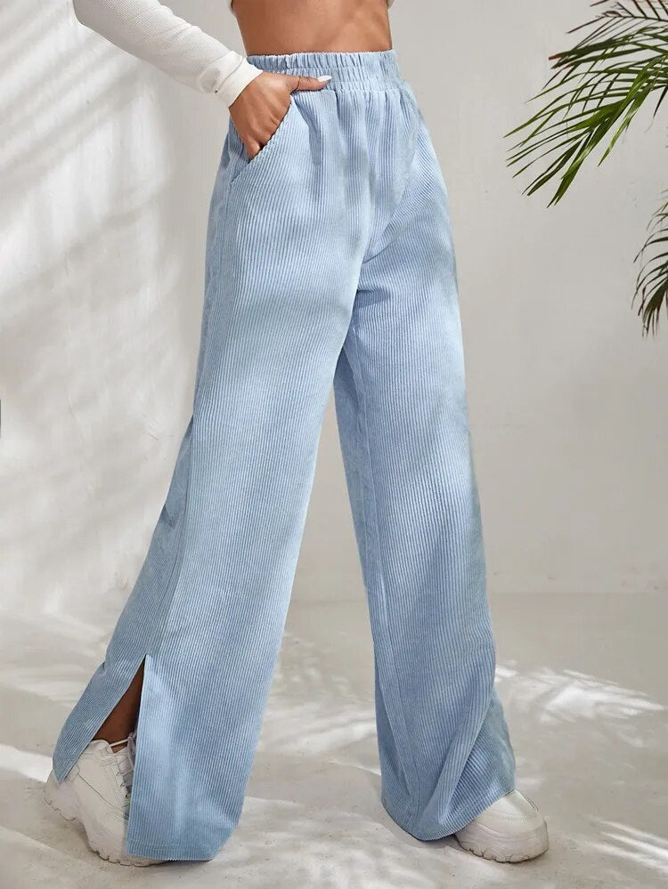 Corduroy Wide Leg Pants Capris Women Vintage High Waist Split Long Pants High Waist Work Summer Capris