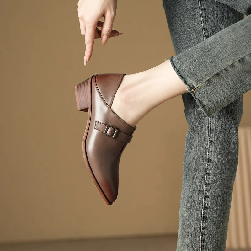 Buckle Genuine Leather Single Shoes Woman Retro Pointed Toe Dress Shoes Ladies Thick Med Heels Pumps