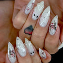 24pcs White Almond Nail Tips for Halloween Wearable Ghost Diamond Decor Press on Nails