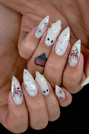 24pcs White Almond Nail Tips for Halloween Wearable Ghost Diamond Decor Press on Nails