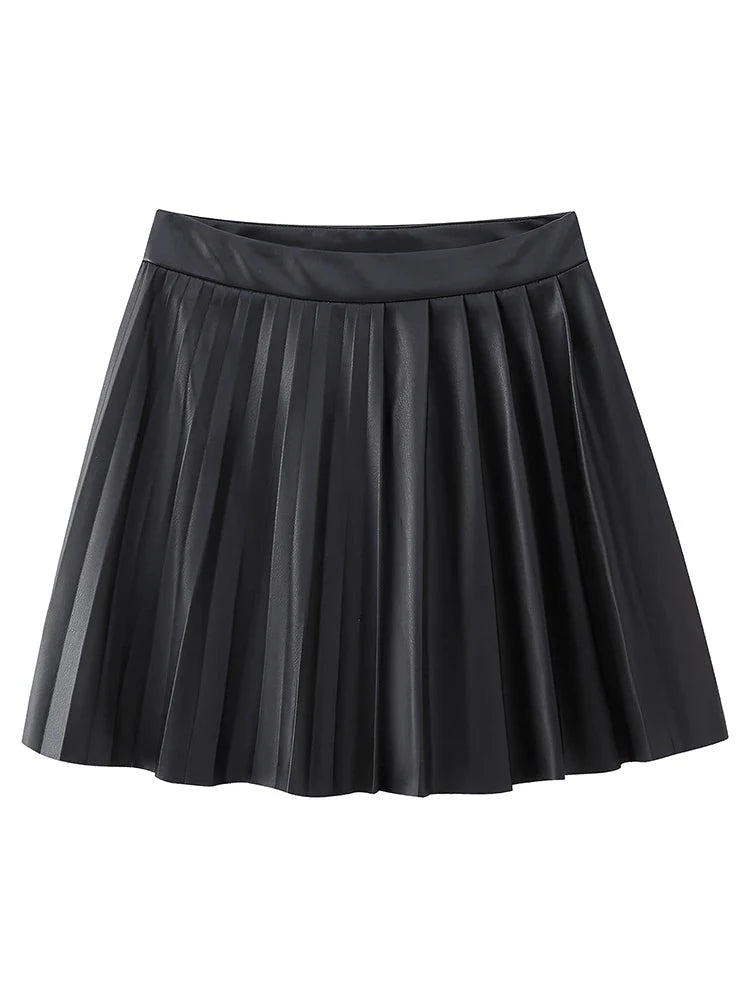 Women Autumn Preppy Style Pleated Short Skirts Streetwear Leather Mid Waist Mini Skirt