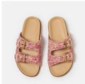 Women's Woven Slide Sandals With Double Gold Buckles Flat Slippers Summer Beach Shoes