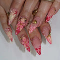 24pcs Almond Sweet Nails Wearable Flower Nails Sets Press on French Pink Nail Tips Glitter Stick on Nail