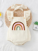 Baby Girls Rainbow Embroidered Romper with Ruffle Straps & Headband Summer Outfit