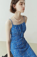 Bohemian Blue One-word Collar Suspender Dress Female Summer Seaside Holiday Style Floral Suspender Women