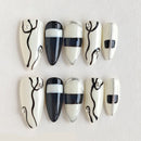 Set of black and white nail art designs on a light gray background, Obroi