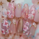 24pcs Pink Flowers Fake Nails Flowers Almond False Nails for Women Wearable Full Cover Sweet Press on Nails