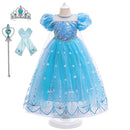 A children's Elsa-style princess costume set displayed on a mannequin dress form against a white background, including a light blue tulle gown with a blue sequined bodice, matching gloves, a tiara, and a wand. Blue text in the upper right reads '4PCS', Obroi