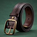 Brown leather belt with gold buckle on a green background, Obroi