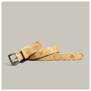 Brown leather belt with embossed designs on a gray background, Obroi