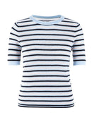 Luxury Knitted T-Shirt For Women Summer High Quality O-Neck Short Sleeve Blue Striped Casual Tops