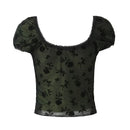 Women Rose Floral Mesh Crop Top Sexy Puff Sleeve Ladies Chic Summer Tops