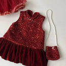 Girls Red Dress Autumn/Winter Children's Sparkling Velvet Dress Cheongsam Christmas Dress