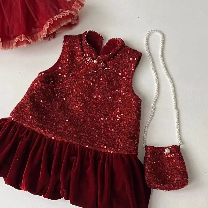 Girls Red Dress Autumn/Winter Children's Sparkling Velvet Dress Cheongsam Christmas Dress