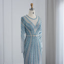 Luxury Dubai Blue Mermaid Evening Dress with Belt Long Sleeves Beaded Women Wedding Formal Party Gowns