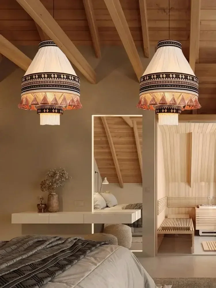 Boho Cotton Rope Pendant Light Tassels Hanging Lamp Bohemian Ceiling Hanging Lamp Room Decor