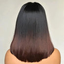 Person with long, straight hair transitioning from black to brown on a plain background, Obroi