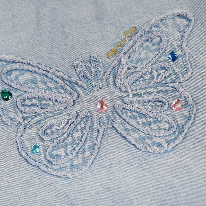 Denim T Shirt Streetwear Embroidery Butterfly T-shirt Men Jeans Tee Shirts Top