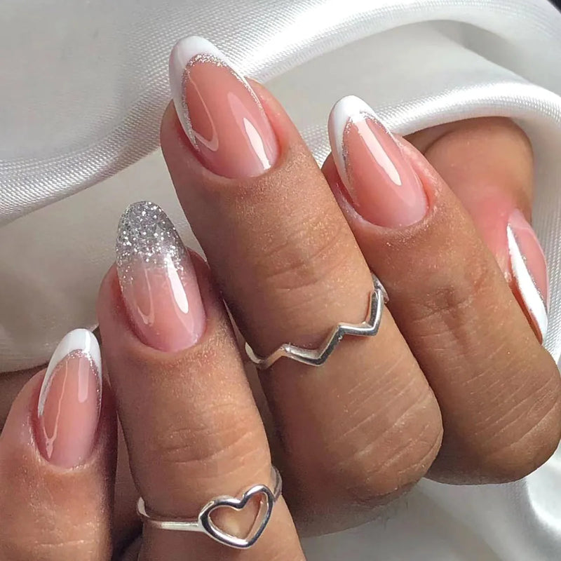 Short Almond Nail Pink Simple Love Valentine’s Day  Stripes Press on Nails Full Cover Manicure