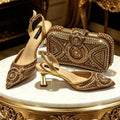 Women Shiny Silver Slingback Heel Matching Bag Set Sparkly Rhinestone Embellished Pumps