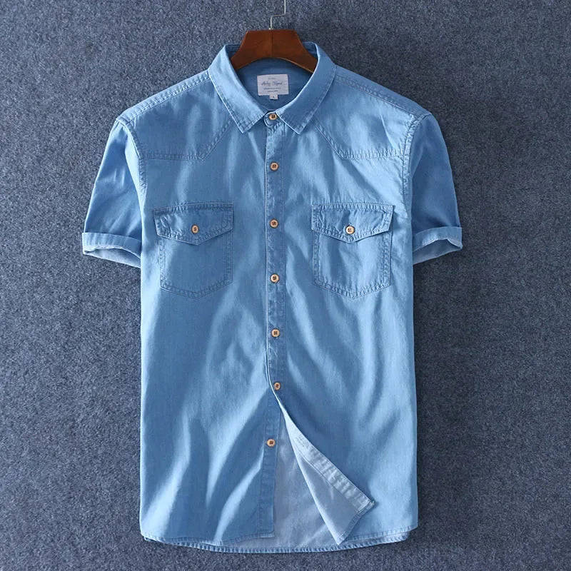 Summer Men Short Sleeved Denim Thin Shirt Soft Slim Jeans