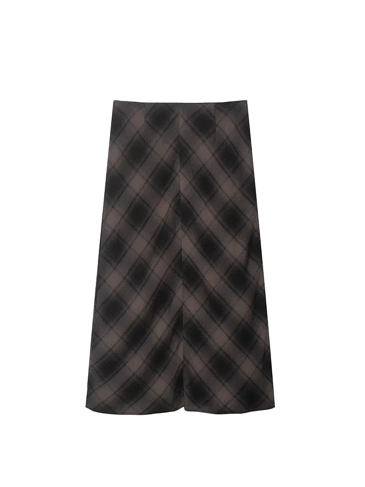 Elegant Chic Women Skirt Plaid Zipper Long Midi Skirt Autumn Holiday Long Skirt