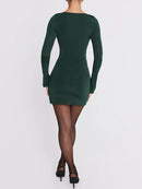 Long Sleeve Draped Mini Dress For Women O Neck Bodycon Club Party Dress Elegant