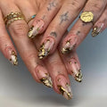 24PCS Light Luxury Nails with Gold Plated Gold Wire Stripe Star Nails Punk Drip Press on Nails