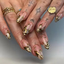 24PCS Light Luxury Nails with Gold Plated Gold Wire Stripe Star Nails Punk Drip Press on Nails