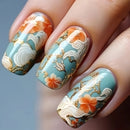 Nails with floral and wave design in orange, green, and gold on a neutral background, Obroi