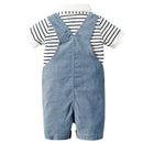 Children's outfit with striped shirt and denim overalls on a white background, Obroi