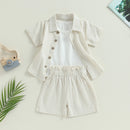 Summer Kids Girl Outfits Solid Color Tops Turn-Down Collar Shirts Elastic Waist Shorts